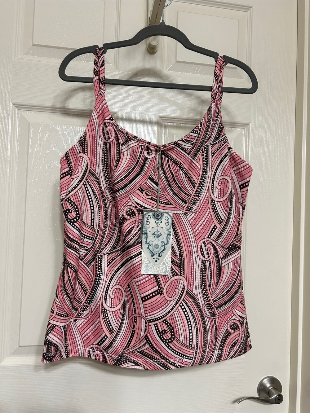 Prana Amy Top Pink Swirl Print Cami Tank with Chocolate Brown Accents NWT